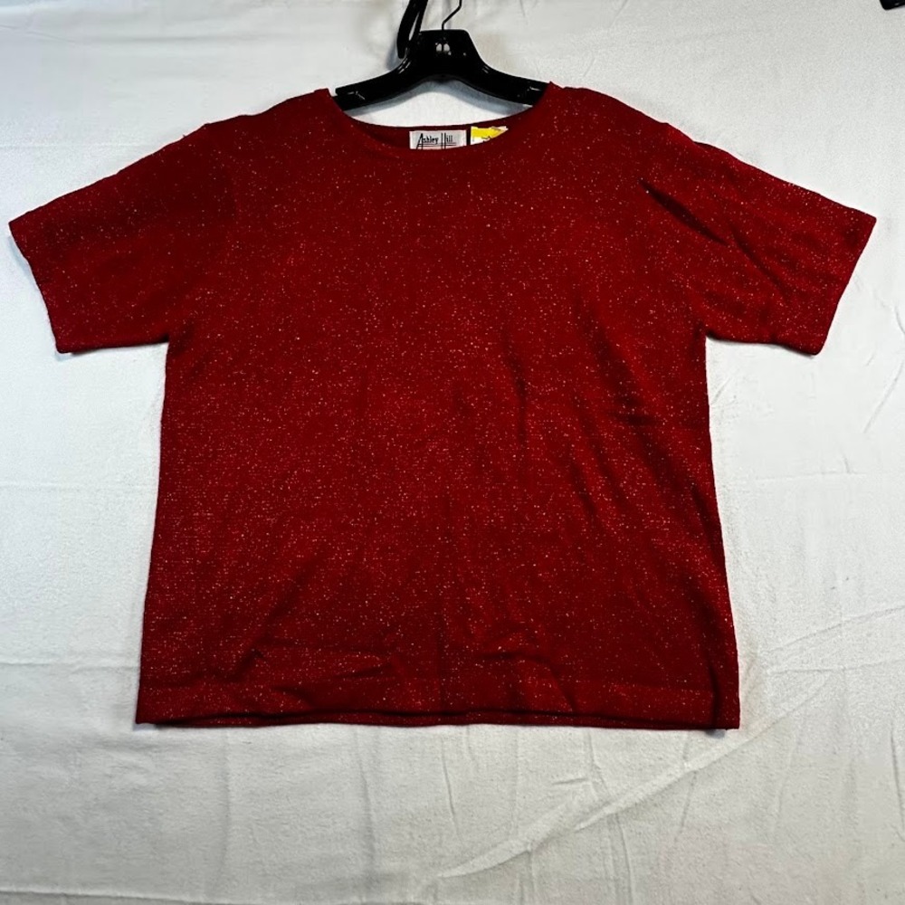 Vintage Ashley Hill Women Red Sparkle‎ Knit Short Sleeve  Top Shirt Size Medium